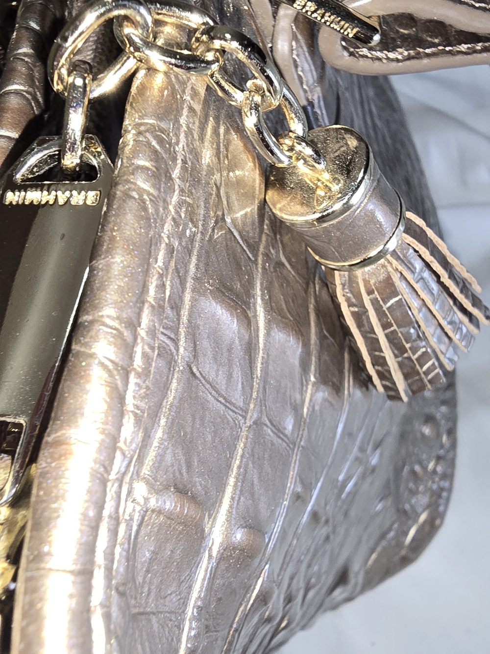 Brahmin Metallic Bronze Gold Croc Embossed Leather Large Tote Bag Tassel Charm - Picture 11 of 12